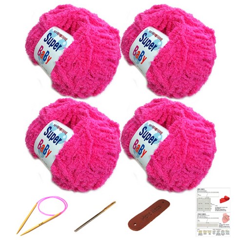 행복뜨기 슈퍼베이비 뜨개실 4p + 바늘 6mm + 돗바늘 + 가죽 라벨 + 목도리 도안 세트, 1세트, 핑크