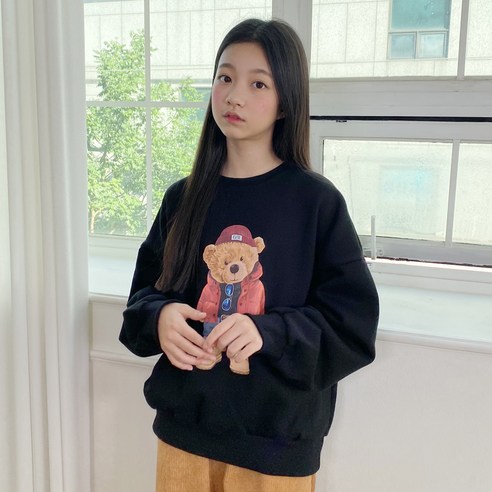 제니 여아용 오버핏 테디베어 기모 맨투맨