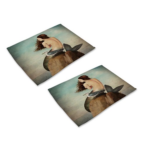 더플로우 바닷 속 다양한 인어공주들 린넨 천 아트 플레이스 매트 2p, 09, 42 x 32 cm