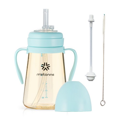 메똔느 PPSU NEW M3 빨대컵 300ml + 추 빨대 + 세척솔, 스카이블루, 1세트