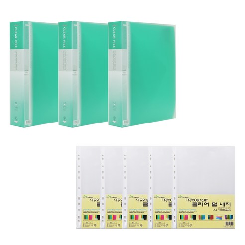 에코청운 PP 클리어파일 100매 A4 x 3p + 리필속지 T 0.8mm x 100p, 초록(파일), 투명(리필속지), 1세트