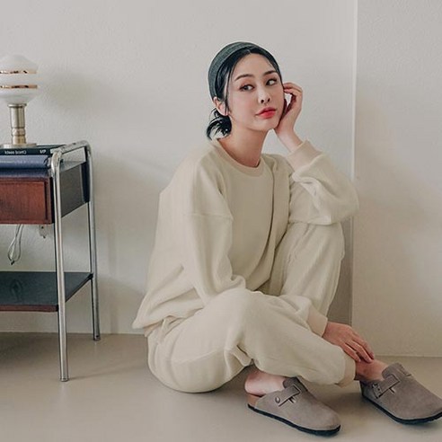 파란 여성용 스탠다드 골지 맨투맨 상하의 세트