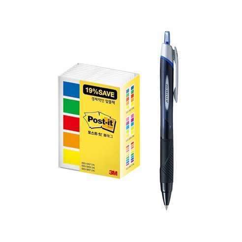 유니 제트스트림 볼펜 0.38mm + 알뜰 플래그 포스트잇 세트, 블루(볼펜), 683-5KP-10(포스트잇), 1세트