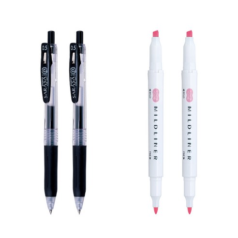 제브라 마일드라이너 마카 2p + 사라사 클립 볼펜 0.5mm 2p 세트, 핑크(마일드라이너), 검정(볼펜), 1세트
