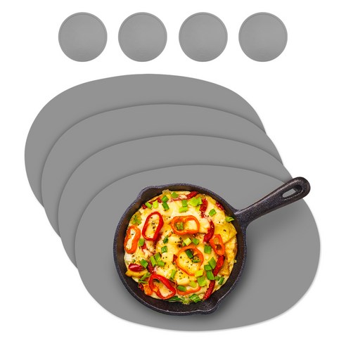 엘로니 에그 라지 실리콘 식탁 테이블 매트 428 x 288 x 1.5 mm + 컵받침 100 x 100 x 2 mm 세트, 라이트그레이, 4세트