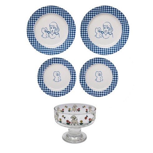 1537 체크라인 플랫 접시 2종 + 글라스볼 세트, 1세트, 깅엄체크 Small 2p + 깅엄체크 Large 2p + 글라스볼 빈티지램