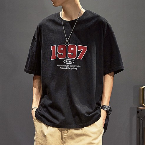 패션플로우 남성용 1997 레트로 레터링 반팔 티셔츠