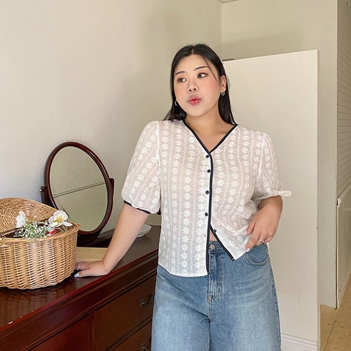 이블렛 빅사이즈 쿠모렌 배색 레이스 블라우스