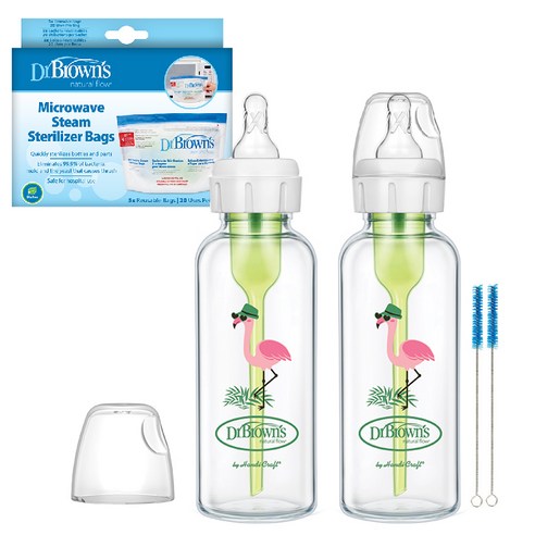 닥터브라운 내로우 젖병 250ml x 2p + 스팀백 5p + 젖꼭지 2p + 세척솔 2p 세트, 플라밍고, 1개