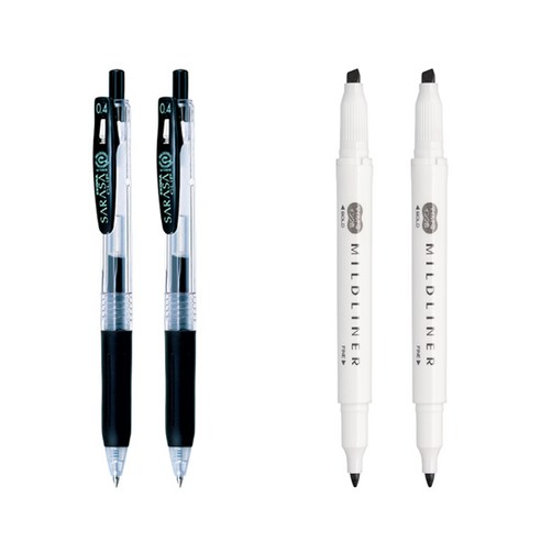 제브라 마일드라이너 마카 2p + 사라사 클립 볼펜 0.4mm 2p 세트, 다크그레이(마일드라이너), 검정(볼펜), 1세트