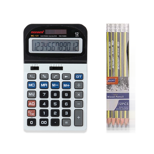 모나미 계산기 MC-121 + 스카이글로리 삼각지우개 연필 12p 세트, 혼합색상(계산기), 랜덤발송(연필)