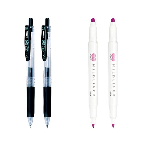 제브라 마일드라이너 마카 2p + 사라사 클립 볼펜 0.4mm 2p 세트, 푸크시아(마일드라이너), 검정(볼펜), 1세트