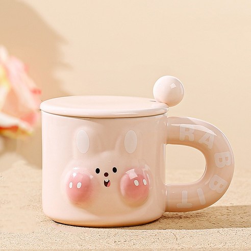 모던지 귀여운 토끼컵 360ml + 뚜껑 + 수저 세트 B 직경 9.2cm x 높이 8.3cm YJ694, 혼합색상, 1세트