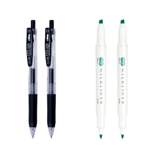 제브라 마일드라이너 마카 2p + 사라사 클립 볼펜 0.5mm 2p 세트, 썸머그린(마일드라이너), 검정(볼펜), 1세트