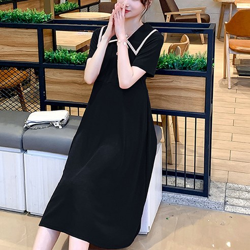 유니크 언발 단추 카라 피케 롱 임산부 원피스
