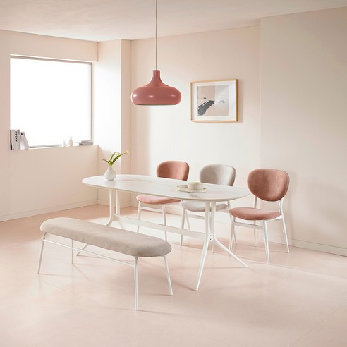 로드퍼니처 에센셜 세라믹 6인 벤치 식탁세트 1800 방문설치, 식탁(화이트), 의자(베이지,핑크), 벤치(베이지)