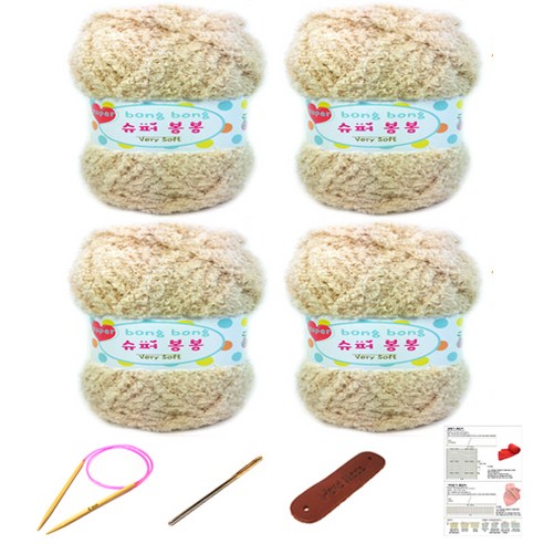행복뜨기 슈퍼봉봉 뜨개실 4p + 줄바늘 4.5mm + 돗바늘 + 라벨 + 4종 목도리도안 세트, 1세트, 베이지