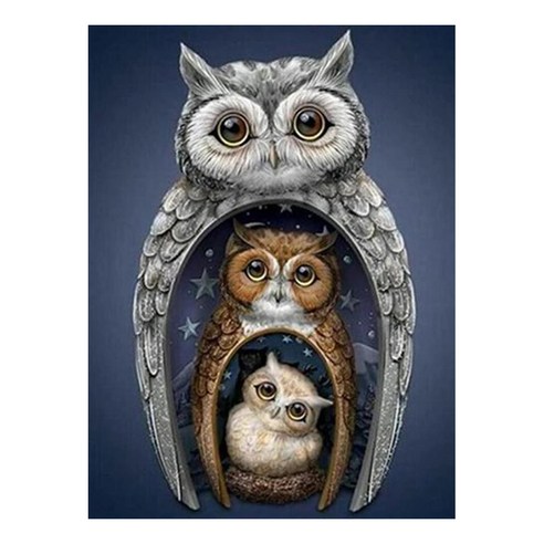 케이엠엘리 액자형 3D 원형큐빅 보석십자수 DIY 키트 40 x 50 cm, 부엉이 가족, 1세트