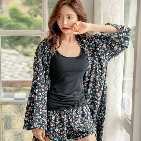 테라우드 여성용 플라워 실키 3부 주머니 바지 2p