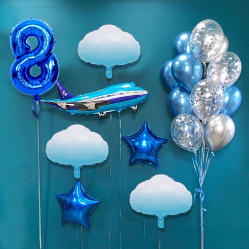 마켓감성 블루비행기테마 생일풍선세트, 타입8, 1세트