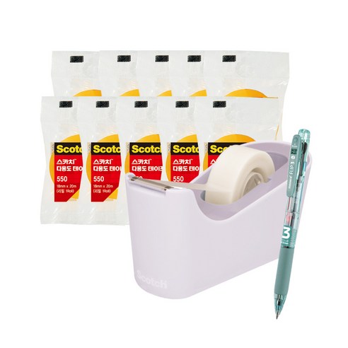 쓰리엠 스카치 탁상용 테이프 디스펜서 C18 + 다용도 테이프 리필 550 12mm x 20m 5p + 18mm x 20m 5p + 모나미 플립 3색 볼펜 0.5mm 세트, 라벤더(디스펜서), Sage Green(볼펜), 1세트