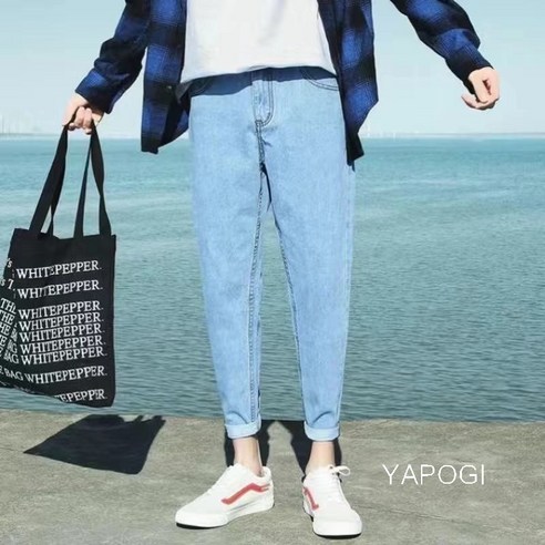 YAPOGI 여름 찢어진 청바지 남성 얇은 느슨한 스트레이트 바지 남자의 홍콩 스타일 패션 캐주얼 바지 남성 유행 YAPOGI