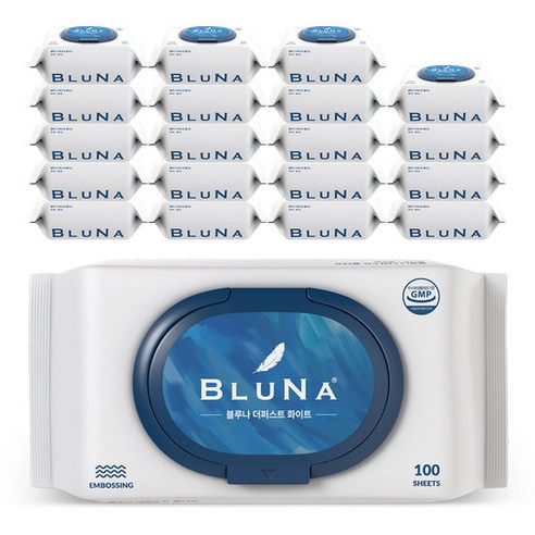 블루나 더퍼스트 화이트 저자극 엠보싱 대용량 아기물티슈 캡형, 20개, 100매, 55g