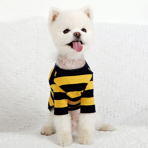 럭키페터 베이직 스프라이프 강아지 옷 소형견 대형견 티셔츠 실내복 강아지 내복, 옐로우/네이비, 1개