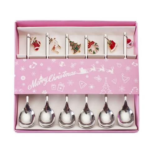 6pcs 스테인레스 스틸 크리스마스 커피 숟가락 아이스크림 수프 설탕 디저트 티스푼 믹싱 교반기, 은