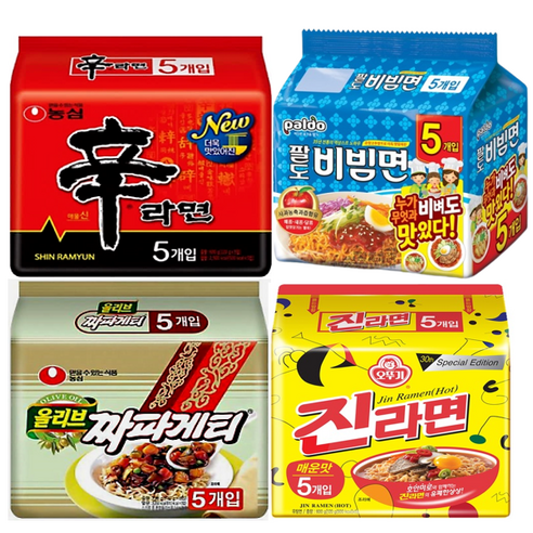 [블루존]오뚜기 농심 팔도 봉지라면 4종 세트 (신라면5P + 진라면매운맛5P + 짜파게티5P+ 팔도비빔면5P), 1세트