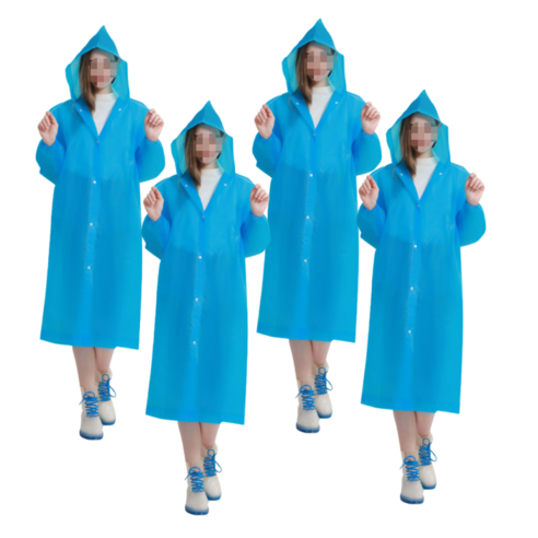 차차미 간편한 휴대 성인 우비 4P (L라지) 다회용 초경량 비옷 코트형 남녀공용 우의 레인코트, 블루