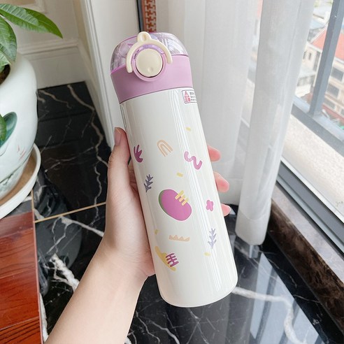 GU 보온병 컵 여성 밀짚 하이 생긴 여름 따뜻한 컵 학생 휴대용 신선한 귀여운 컵, 색깔7, 하나