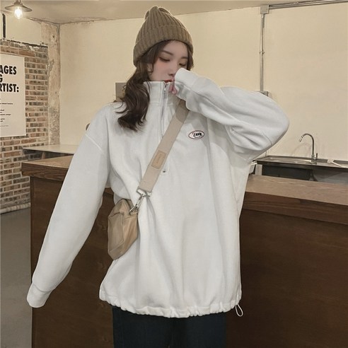KORELAN 라켓 가을 겨울 루즈한 블라우스 수놓은 맨투맨 보온 벨벳 반 터틀넥 블라우스