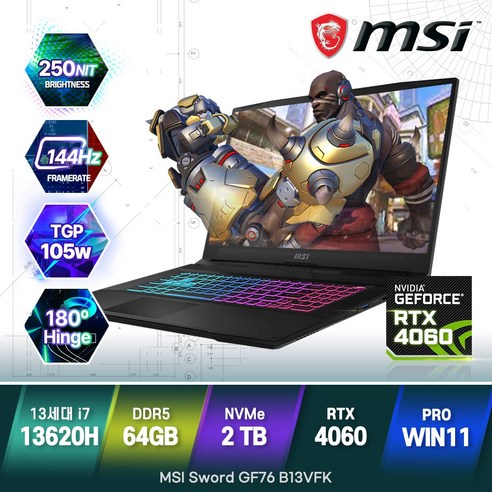  MSI 소드 GF76 B13VFK 인텔 i7-13620H RTX4060 17인치 윈도우11 게이밍 노트북 무선마우스 증정, 블랙, 코어i7, 2TB, 64GB, WIN11 Pro MSI 소드 GF76 B13VFK 인텔 i7-13620H RTX4060 17인치 윈도우11 게이밍 노트북 무선마우스 증정, 블랙, 코어i7, 2TB, 64GB, WIN11 Pro