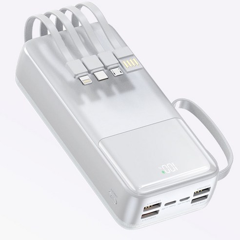 아우스힐 LCD잔량표시 QC 3.0 PD 22.5W 초고속충전 4개 케이블 멀티단자 대용량 보조배터리 30000mAh, 화이트