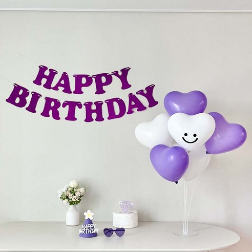 연지마켓 생일가랜드 하트 풍선 생일 파티 용품 세트, 1세트, 퍼플 스마일 스티커
