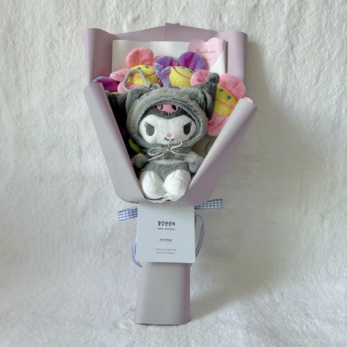 산리오 프렌즈 코스튬2 가방고리 스마일꽃4송이 키링 인형꽃다발 졸업선물 생일선물 졸업식꽃다발, 1세트, 쿠로미, 330mm