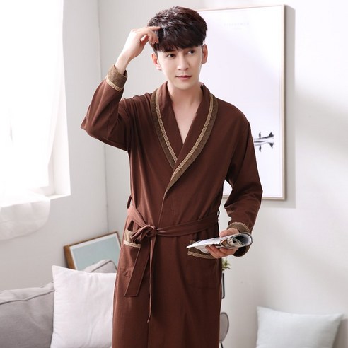 DFMEI-Y 브랜드 잠옷 여성 봄과 가을 커플 목욕 가운 순수 코튼 잠옷 남성 여름 긴 소매 확장 목욕 가운 대형 사이즈 긴팔 가운, {"패션의류/잡화 사이즈":"XXL 코드"}, DFMEI 남성 96286