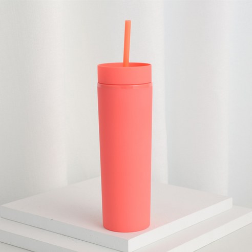 KORELAN 16oz 이중 플라스틱 직통 컵 고무 페인트 직신 빨대 컵 대용량 냉음료 핸드컵, 연분홍색