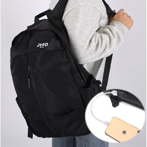[당일발송] Jeep buluo 남자 지프 가방 여성 가벼운 스포츠 방수 천 백팩 USB 성인 학생 책 가방 노트북 여행용, 블랙(Black)
