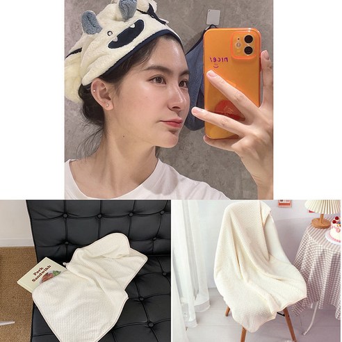 몬스터 드라이 헤어 모자 여자 귀엽다 고안치 속건 무취 강흡수 학생 기숙사, 스 탠 더 드, 백발 모자+수건+시금치 목욕수건3종 세트