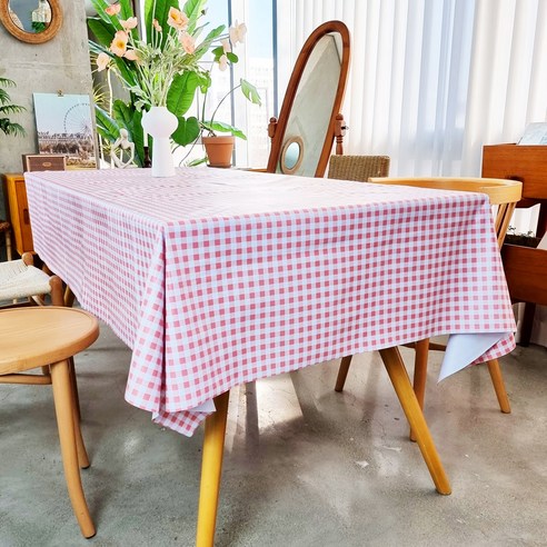 캐프마켓 방수 체크 격자 테이블보 사각 원형 식탁보, 핑크, 6인용 140 * 200 cm