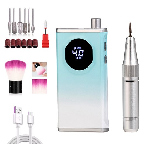 KUKEE [국내발송] 네일드릴기 전동 네일 머신 손톱 관리기 무소음 0-40000rpm 속도 조절 홈케어 젤네일드릴 전문 폴리셔, 1개, 스카이