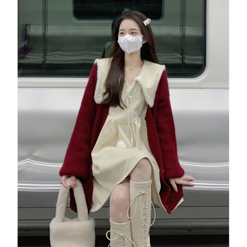 DFMEI 프렌치 스위트 인형 칼라 원피스 여자 가을·겨울 디자인감 소수의 부드러운 바람으로 허리를 걷어내 날씬해 보이는 분위기 작은 스커트