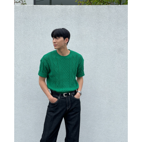 남성니트반팔 여름스웨터 얇은 케이블 라운드넥 남자꽈배기반팔니트 3color