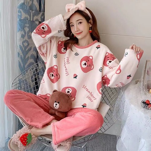 여성 플란넬 잠옷 두꺼운 가을 겨울 따뜻한 잠옷 산호 벨벳 학생 귀여운 대형 한국 스타일 홈