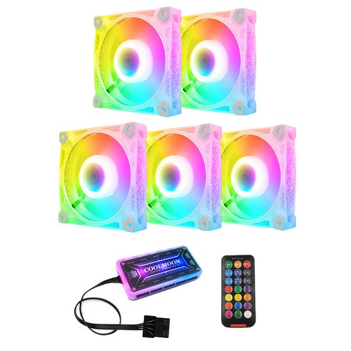 Monland Coolmoon 5 개 스퀘어 다이아몬드 rgb 섀시 팬 12cm 표준 컨트롤러 원격 제어로 무음 pc 냉각 cpu, 하얀