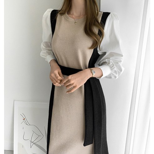 【TOW】한국어 가을 겨울 레트로 컬러 매칭 드레스 바느질 레이스 업 슬리밍 버블 슬리브 긴 소매 라인 미디 드레스