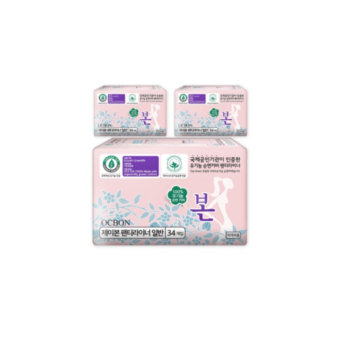 유기농본 유기농 제이본 일반 팬티라이너, 34개입, 3팩