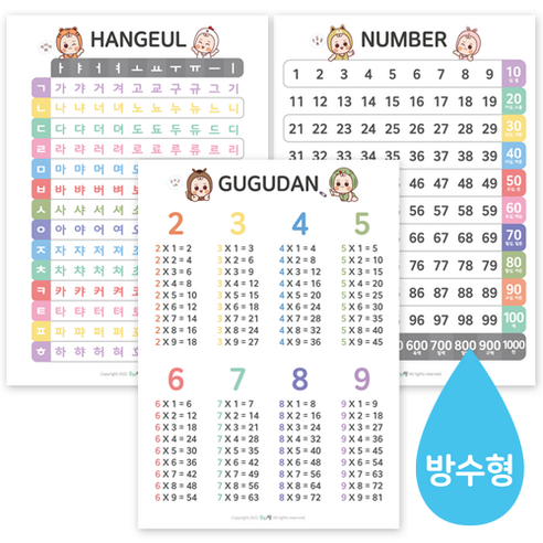 유아 숫자100판 구구단 한글 방수 벽보 3종 세트